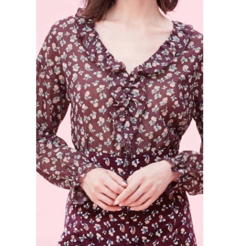 La Vie Rebecca Taylor purple floral ruffle top XS